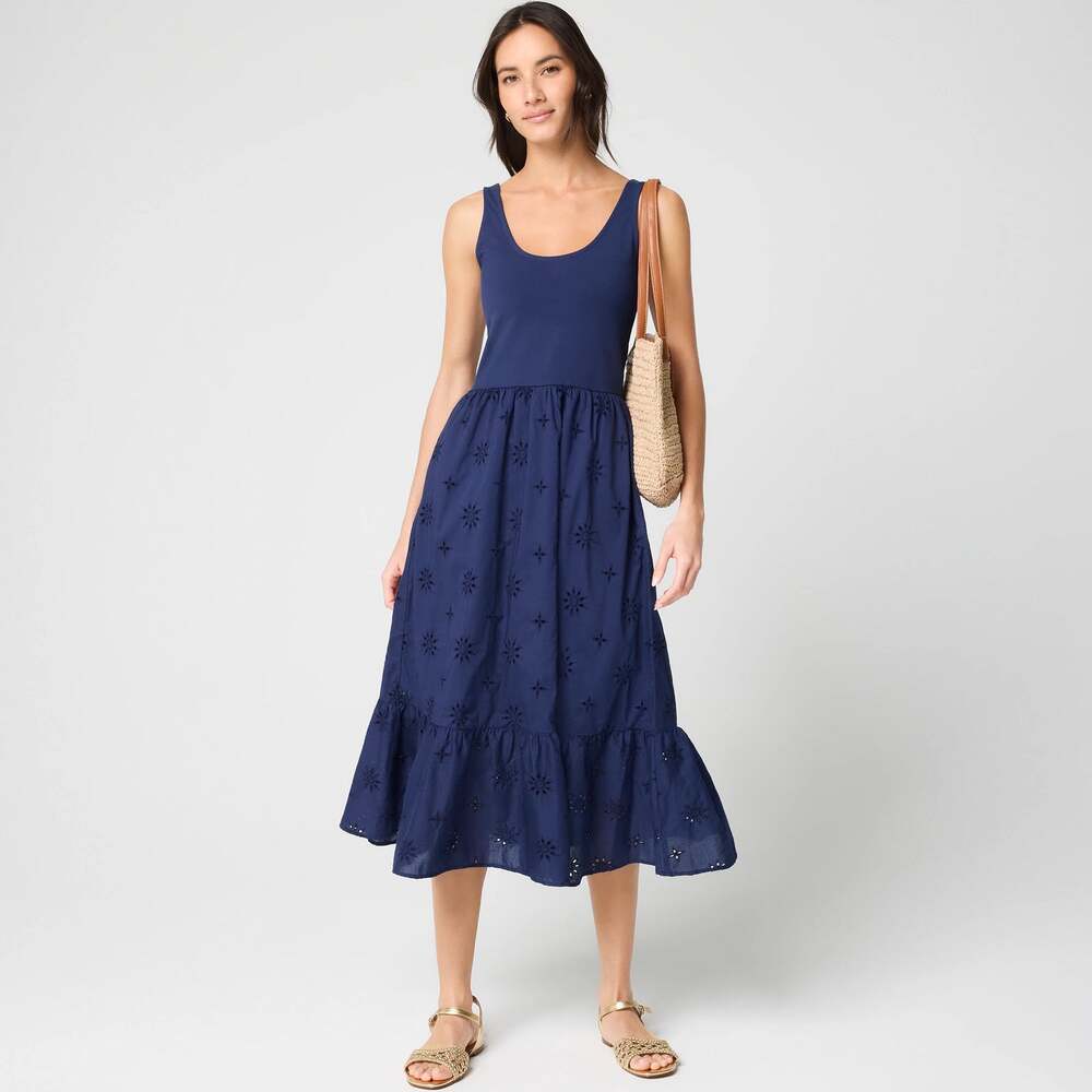 J.Crew Eyelet mixed-media midi dress Antique Navy A Line Stretch Cotton XXS NWT